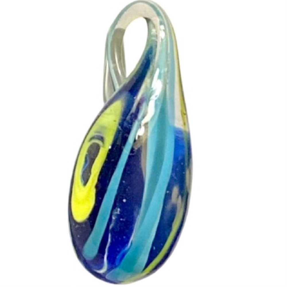Murano Style Clear Blue Yellow Striped Art Glass Teardrop Shaped Pendant Oval